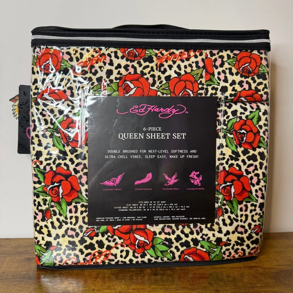 New Ed Hardy Queen 6 Pc Double Brushed Sheet Set Leopard Red Roses Bedding Y2K